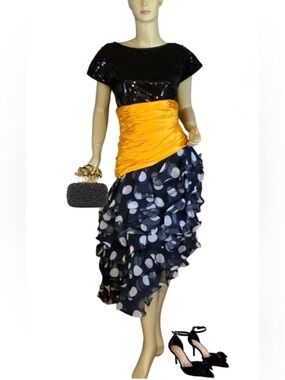 VINTAGE 1980'S PAT RICHARDS BLACK & YELLOW SEQUIN & POLKA DOT RUFFLE DRESS (8)